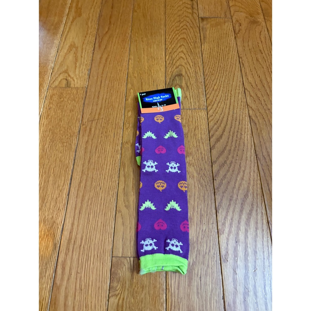 Glow In The Dark Halloween Knee High Socks Purple Skull Pumpkin Adult 9-11 NEW